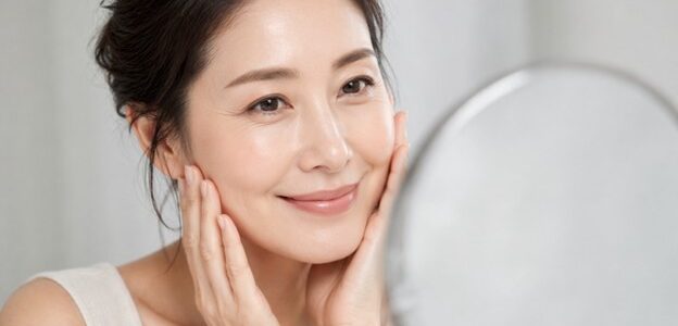 Woman checking facial skin firmness in the mirror before anti-aging treatment at Luna Clinic KL