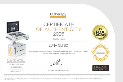 Ultherapy Prime Certificate of Authenticity awarded to LUNA Clinic