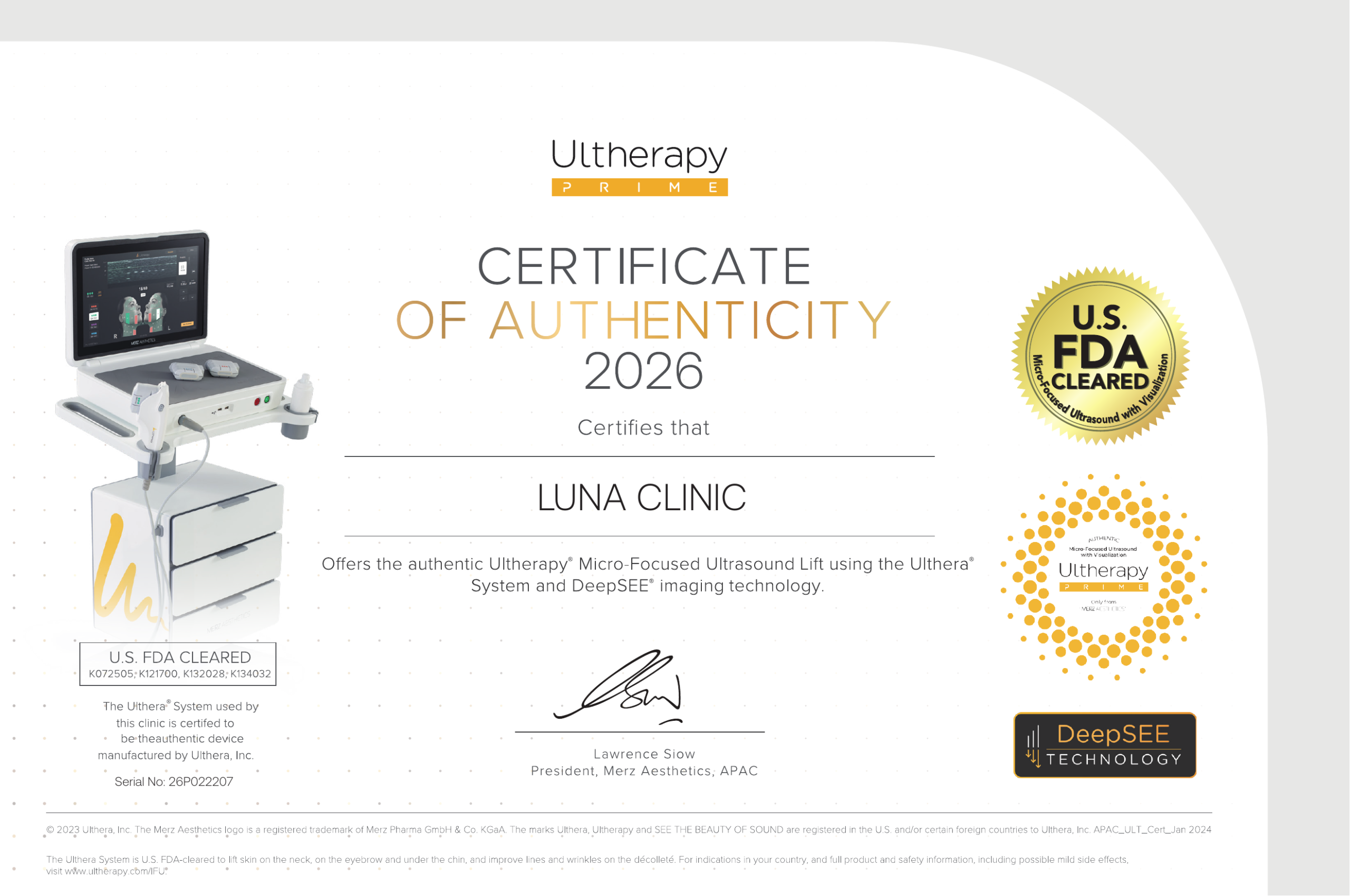 LUNA Clinic Ultherapy Prime certificate Malaysia