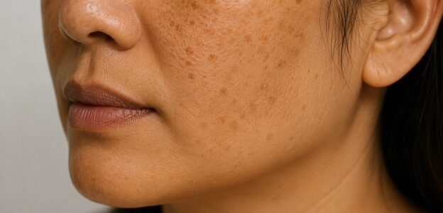 Close-up of post-inflammatory hyperpigmentation marks on cheek before pigmentation treatment at Luna Clinic KL